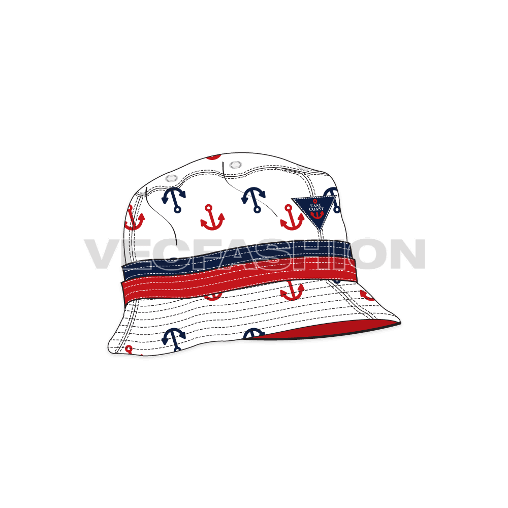 A clean template for Bucket Hat inspired from Nautical theme having a Repeat Pattern of Anchors with Double Strap above brim.