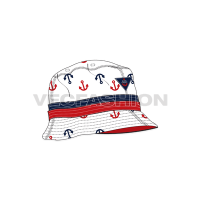 A clean template for Bucket Hat inspired from Nautical theme having a Repeat Pattern of Anchors with Double Strap above brim.