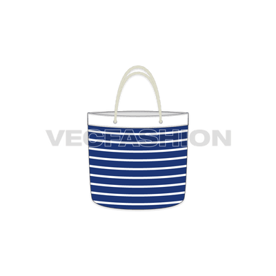 A vector template for a Tote Bag having blue base with white stripes, there are metal eyelets and cotton ropes for handling.
