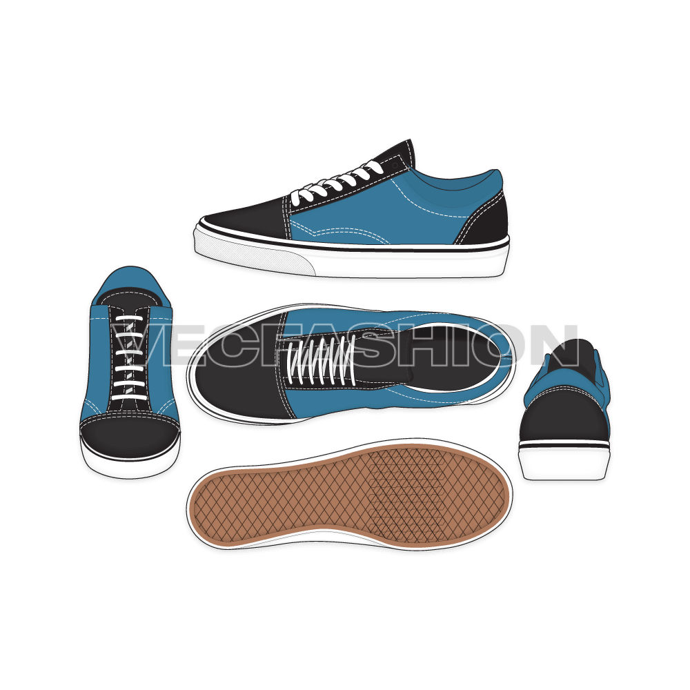 A detailed vector template of Old Skool Casual Sneakers. It is illustrated in five views that is Front, Side, Back, Side, Top and Bottom.
