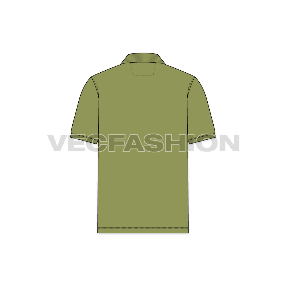 Olive green button up polo shirt flat sketch, back view