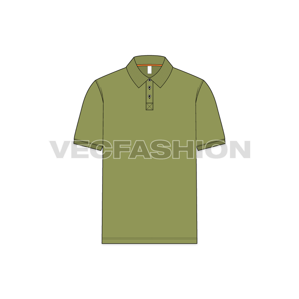Olive green button up polo shirt flat sketch, front view