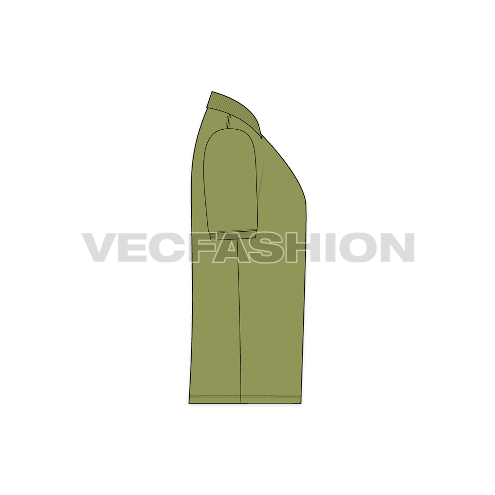 Olive green button up polo shirt flat sketch, side view