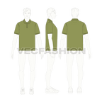 Olive green button up polo shirt flat sketch, croqui sketch