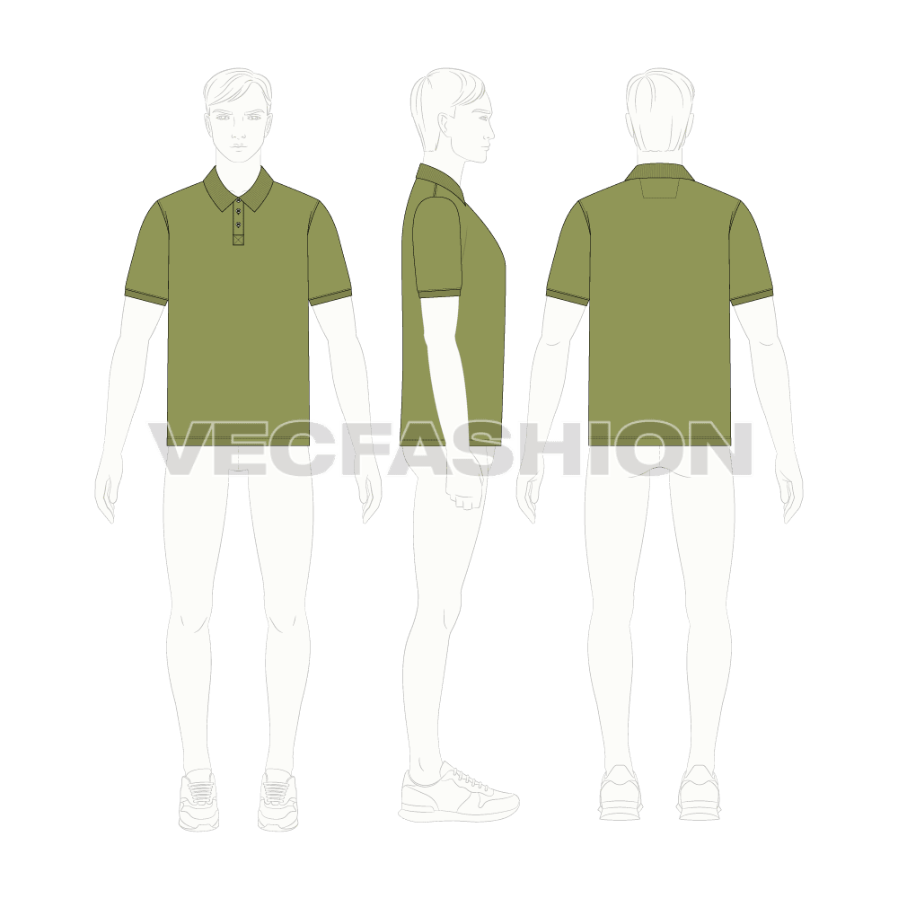 Olive green button up polo shirt flat sketch, croqui sketch