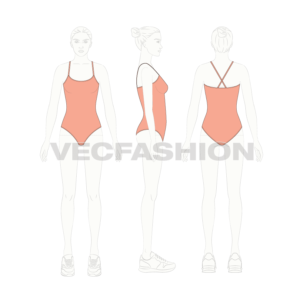 One piece beach swimsuit flat sketch, croqui sketch