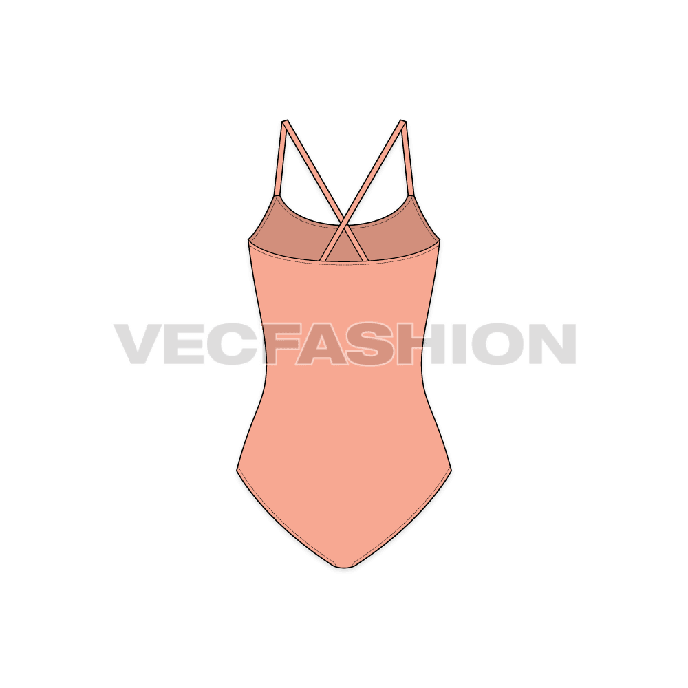 One piece beach swimsuit flat sketch, back view