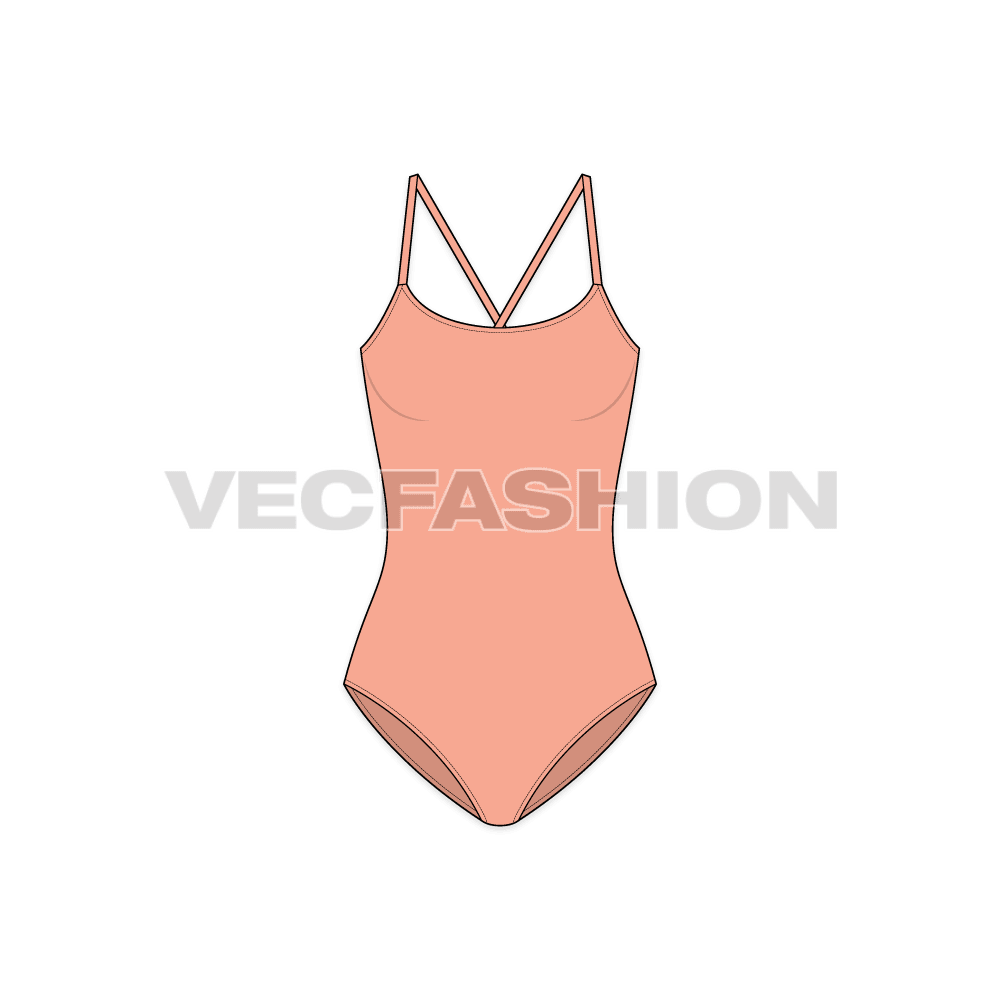 A vector template for Women's One Piece Swimsuit. It had binding at top edge and the straps are attached cross direction. 