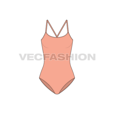 A vector template for Women's One Piece Swimsuit. It had binding at top edge and the straps are attached cross direction. 