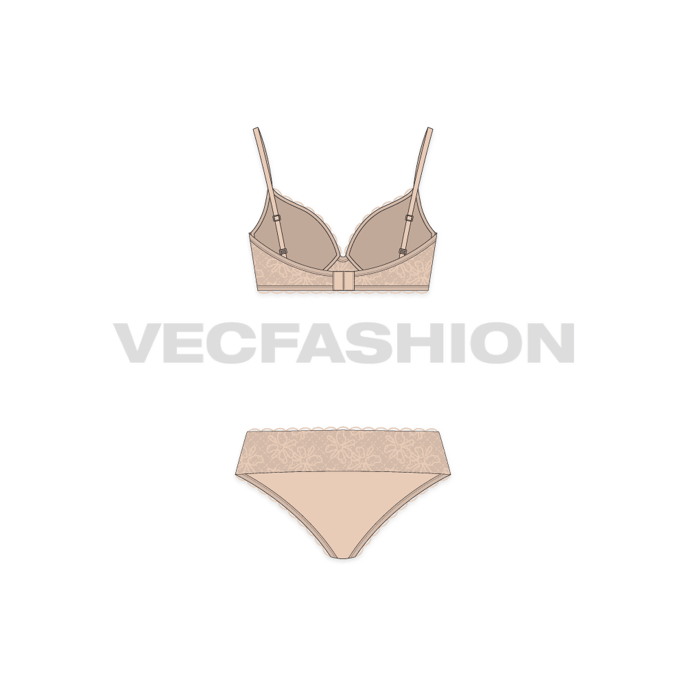 Seductive comfort lace push-up bra flat sketch, back view