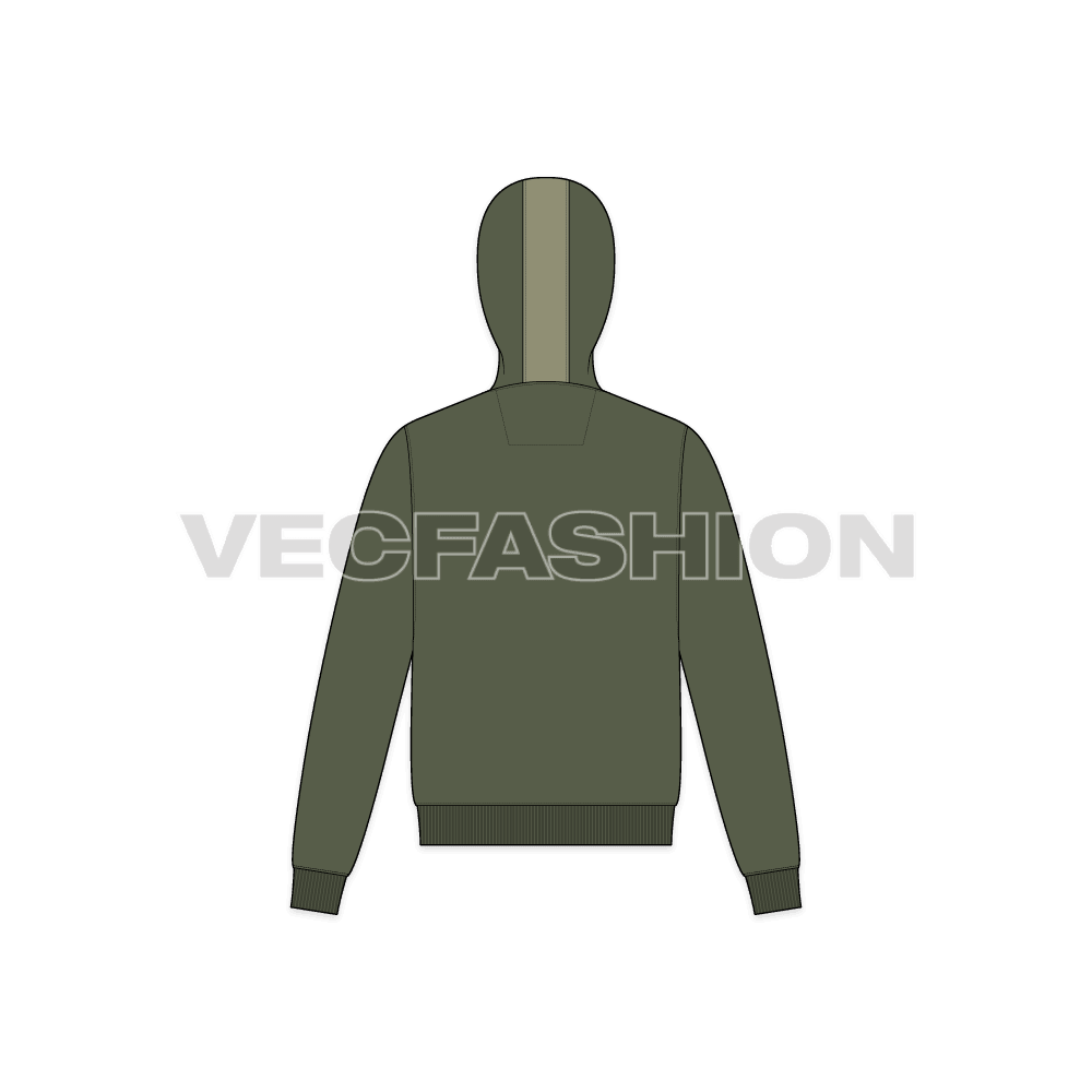 Short body olive green hoodie flat sketch, back view