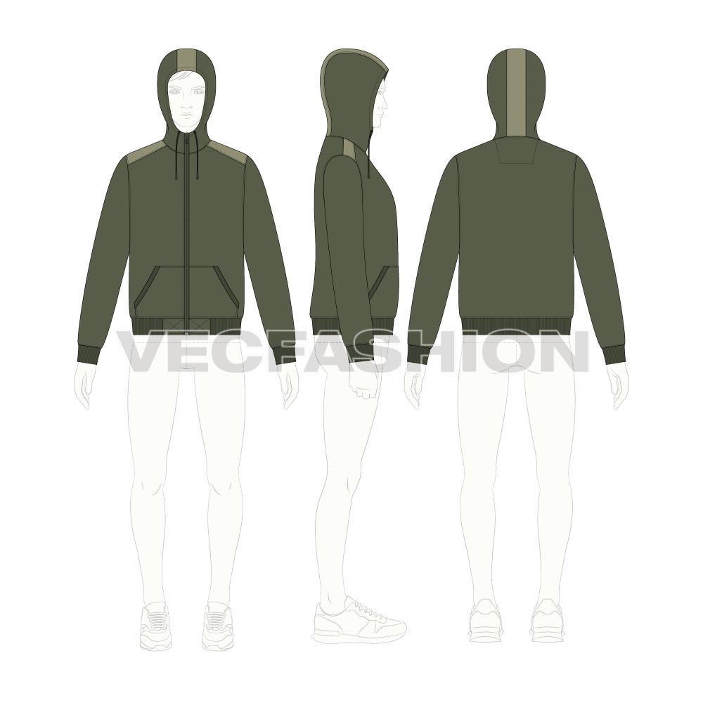 Short body olive green hoodie flat sketch, croqui sketch