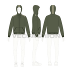 Short body olive green hoodie flat sketch, croqui sketch