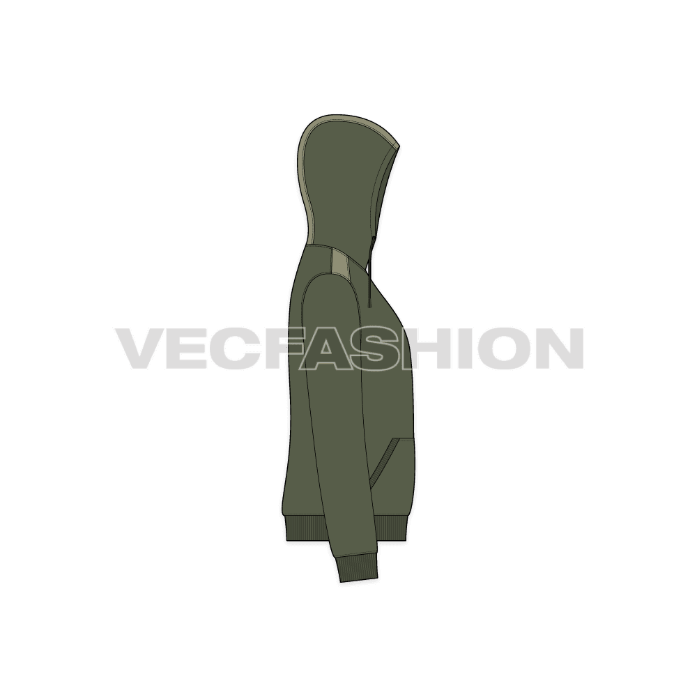 Short body olive green hoodie flat sketch, side view