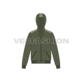 Short body olive green hoodie flat sketch, front view
