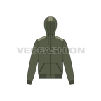 Short body olive green hoodie flat sketch, front view