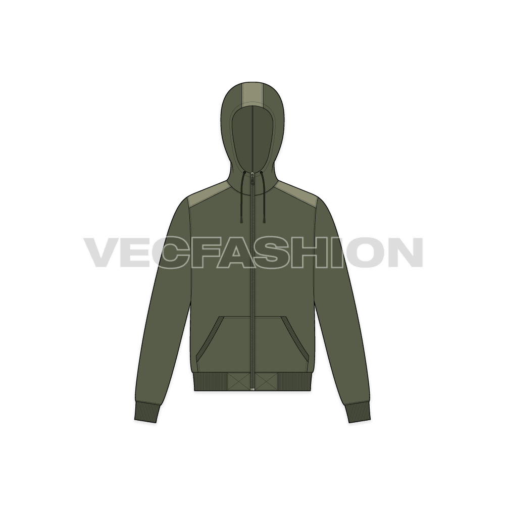 Short body olive green hoodie flat sketch, front view