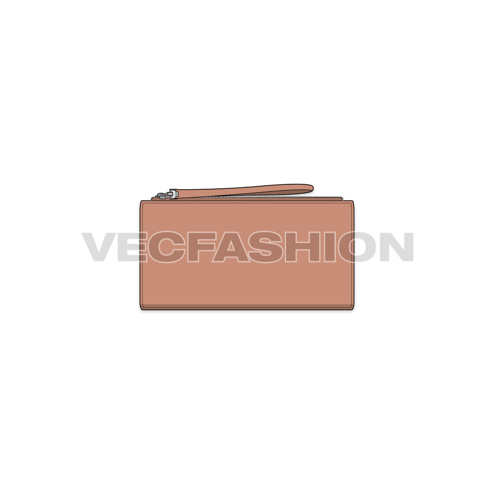 Smart leather wallet, zipper detail flat sketch, view 1
