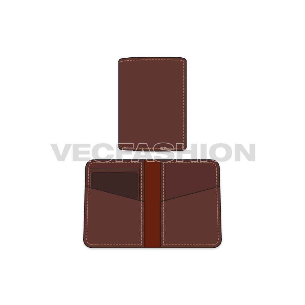 A fully editable fashion cad for Smart Leather Wallet. It is illustrated with two views, one is folded and other one is from inside showing card slots and sections. 