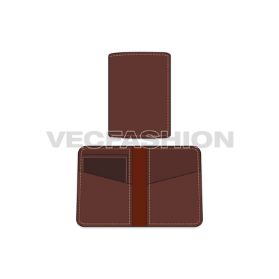 A fully editable fashion cad for Smart Leather Wallet. It is illustrated with two views, one is folded and other one is from inside showing card slots and sections. 