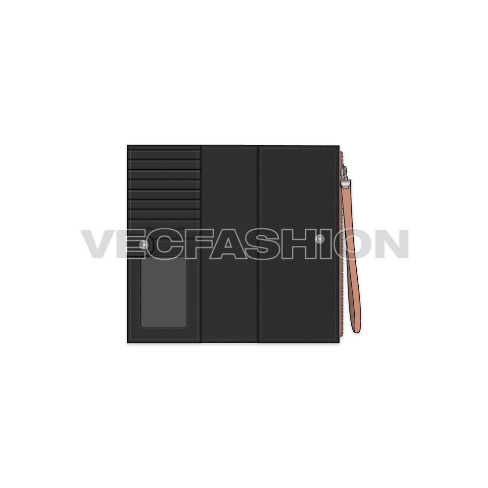 Smart leather wallet, zipper detail flat sketch, view 2
