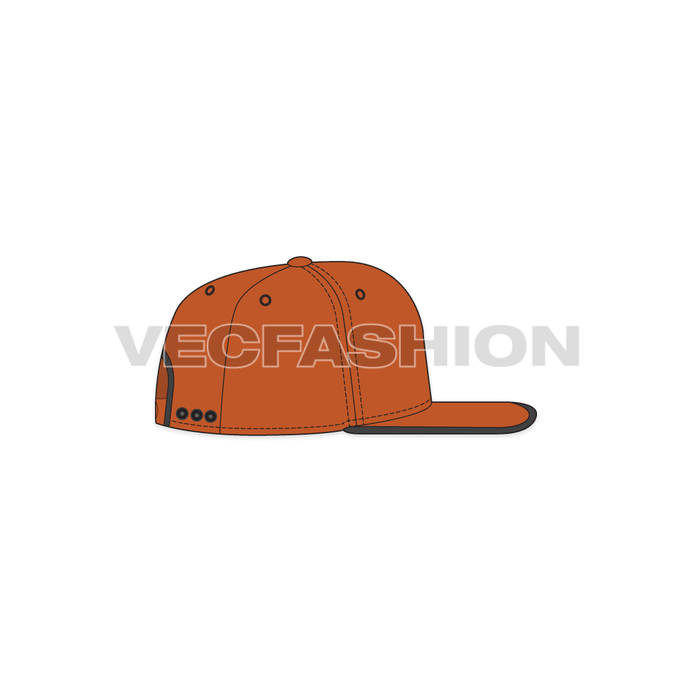 A vector template for Snap Back Dad Hat in burnt orange color. It has contrast trims and metal snaps at the back.