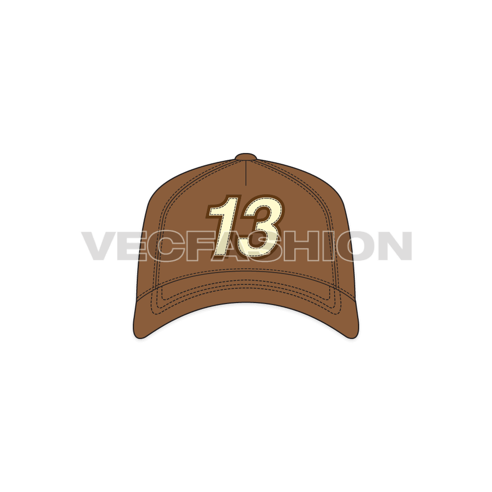 A fully editable fashion cad for Snapback Hat with Curved Peak. It is illustrated with multiple views like Front, side front, side and back view. 