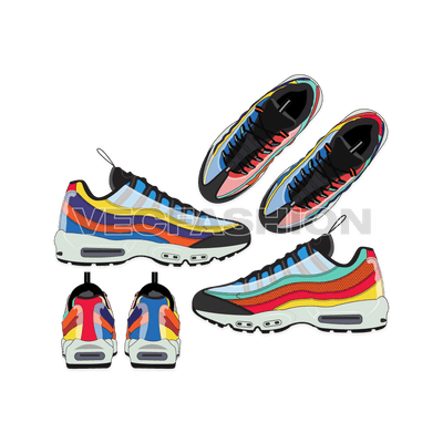 An illustrator fashion cad of sneakers by Nike Air Max 95. It is illustrated with multiple views and have all details added on it.