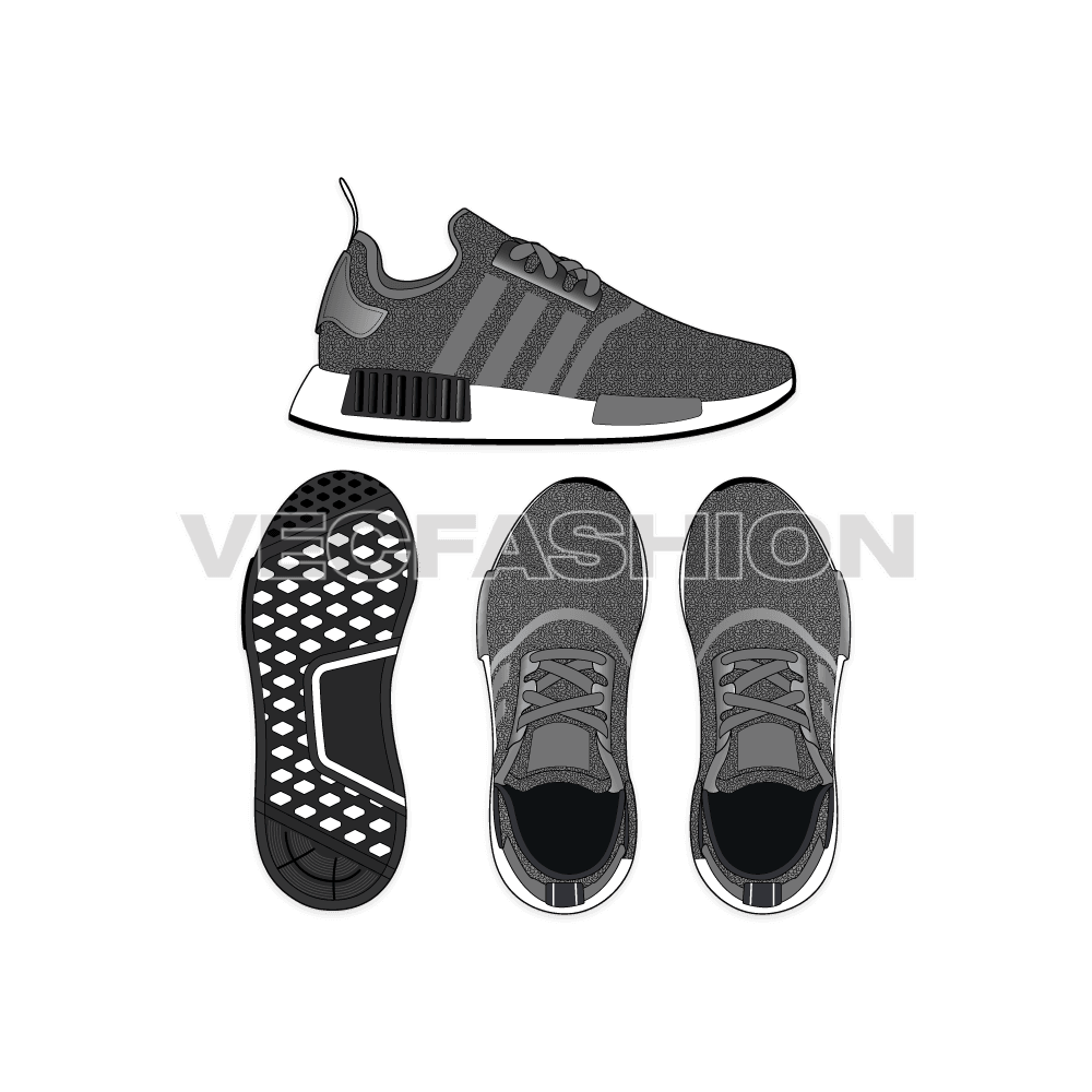 An illustrator fashion cad of Sneakers by Adidas NMD R1. It is illustrated with multiple views and have all details added on it.