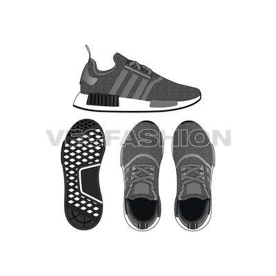 An illustrator fashion cad of Sneakers by Adidas NMD R1. It is illustrated with multiple views and have all details added on it.