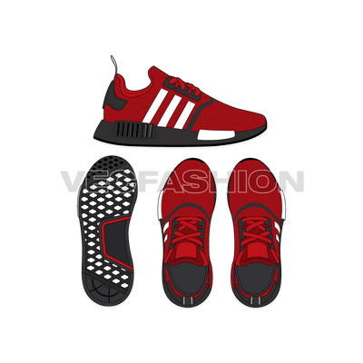 An illustrator fashion cad for Sneakers Adidas NMD R1. It is rendered in two colors dark red and black, with few trims in white. 