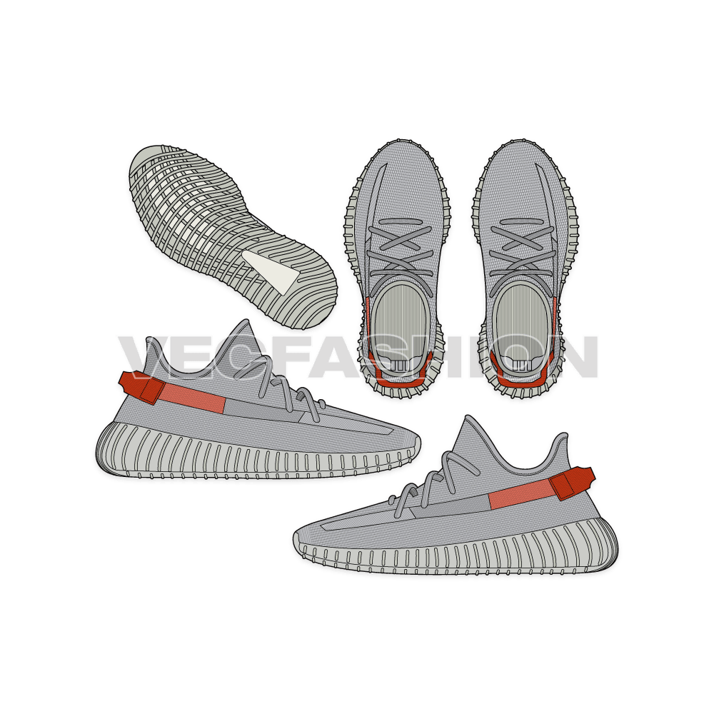 An illustrator fashion cad of sneakers by Adidas of Yeezy Boost 350. It is illustrated with multiple views and have all details added on it.