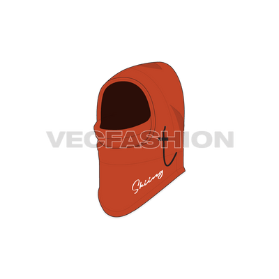 A fully editable illustrator cad sketch of Snow Protection Ski Mask. It is showing a 3/4 view and have an adjustable string pass through side, can be worn for Skiing or even in strong winters.