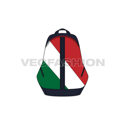 A vector illustrator cad of a Sport Backpack. Its front panel is inspired by the Italian Flag and have navy blue color base on it. There is a lot of space and pockets in it to keep sport equipment and gear in it. 