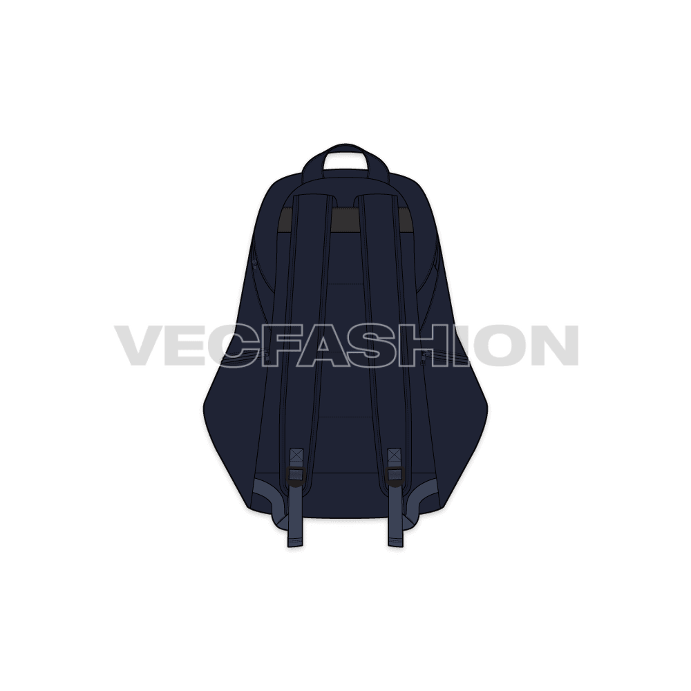 A vector illustrator cad of a Sport Backpack. Its front panel is inspired by the Italian Flag and have navy blue color base on it. There is a lot of space and pockets in it to keep sport equipment and gear in it. 