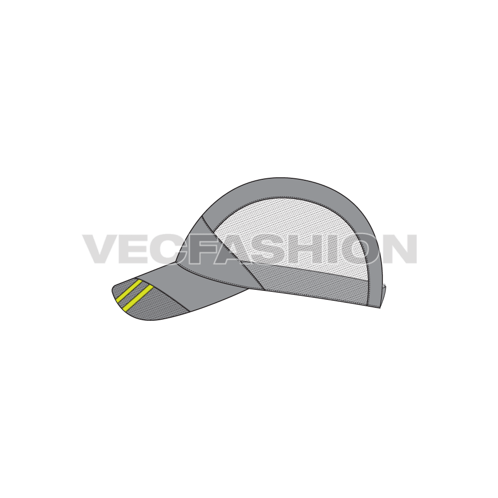 Our new vector template for Sport Cap with Mesh Panels have very detailed illustrator drawing and still easy to edit. It has mesh pattern on the sides, metal adjuster at the back and two contrast stripes on the peak.  