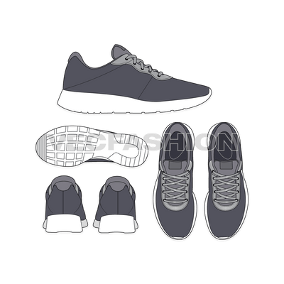 An illustrator fashion cad for Sport Sneakers by Nike Tanjun. One of the best seller sneaker and still in demand. It is illustrated with multiple views and have all details added on it.