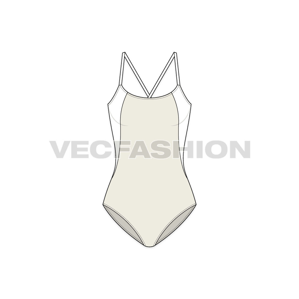 Sporty beach swimsuit flat sketch, front view