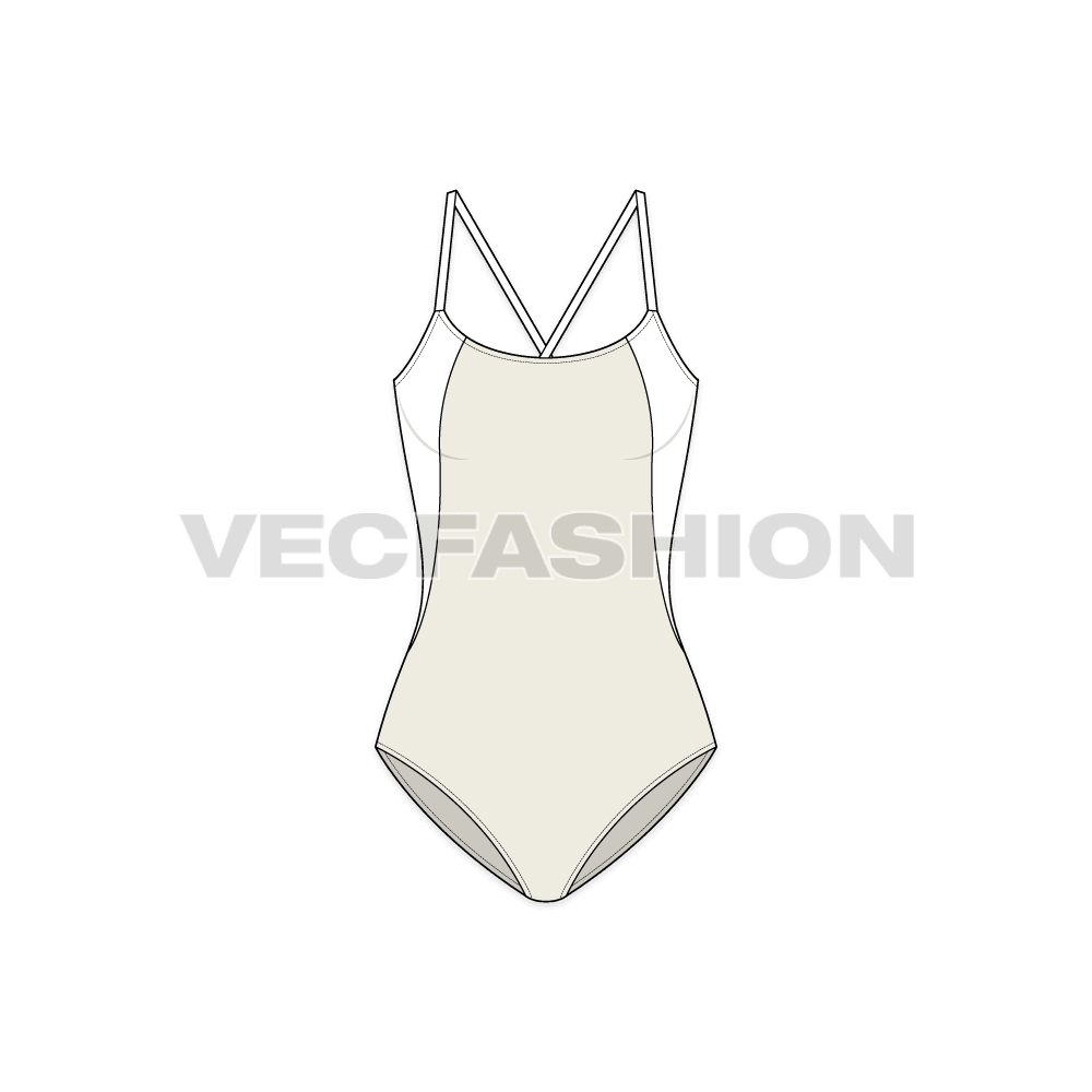 A vector template for Women Sporty Swimsuit. It has contrast panels on sides and binding at top edge.