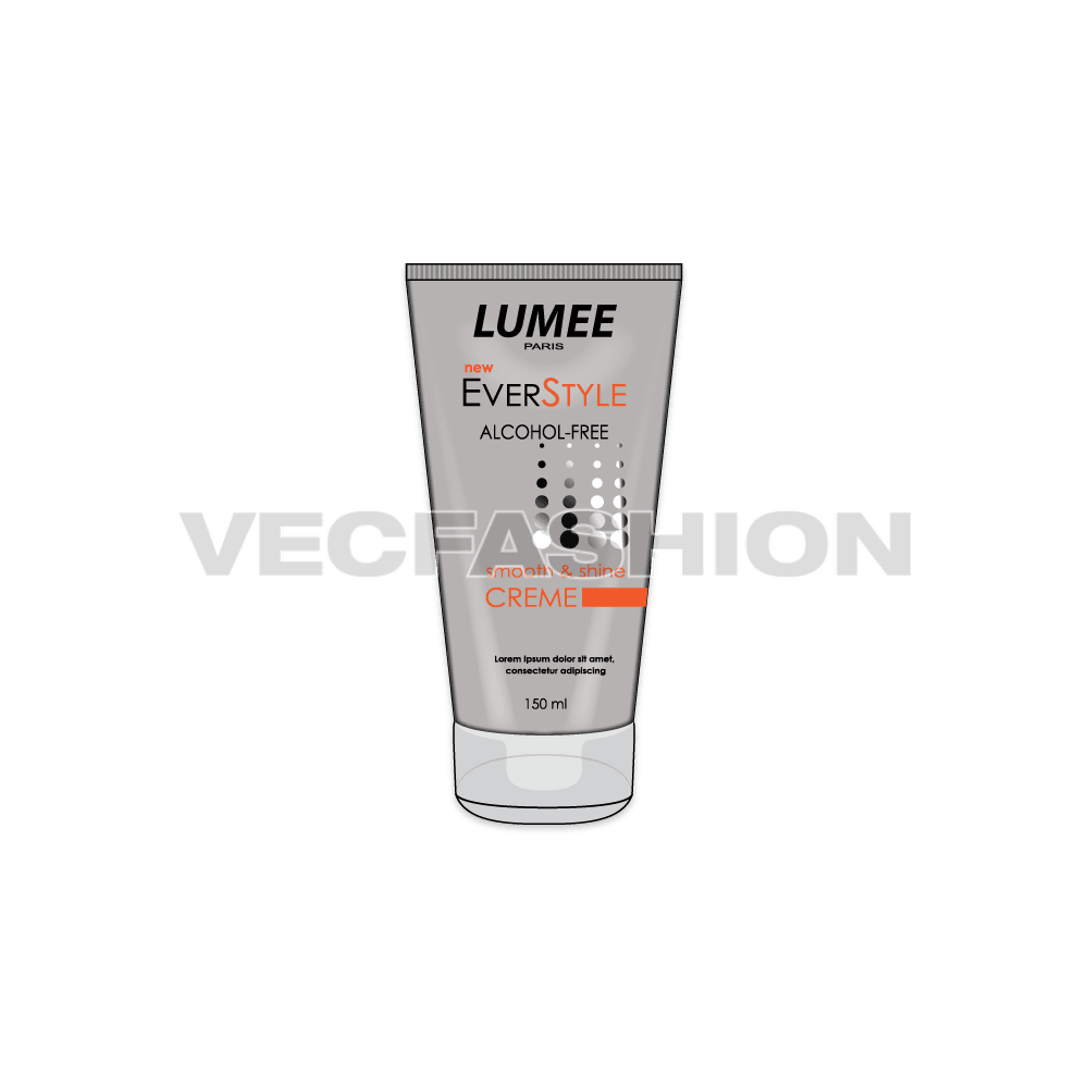 A vector template of Styling Cream Bottle. It is colored in Grey colored plastic bottle with graphics and information printed on it. 