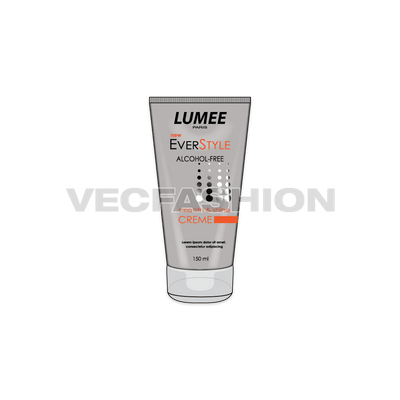 A vector template of Styling Cream Bottle. It is colored in Grey colored plastic bottle with graphics and information printed on it. 