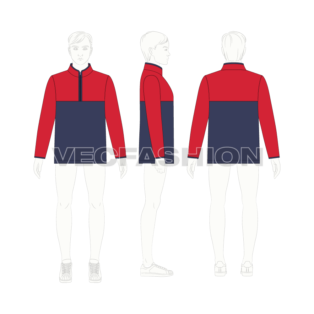 Teen boy mock neck jacket flat sketch, croqui sketch
