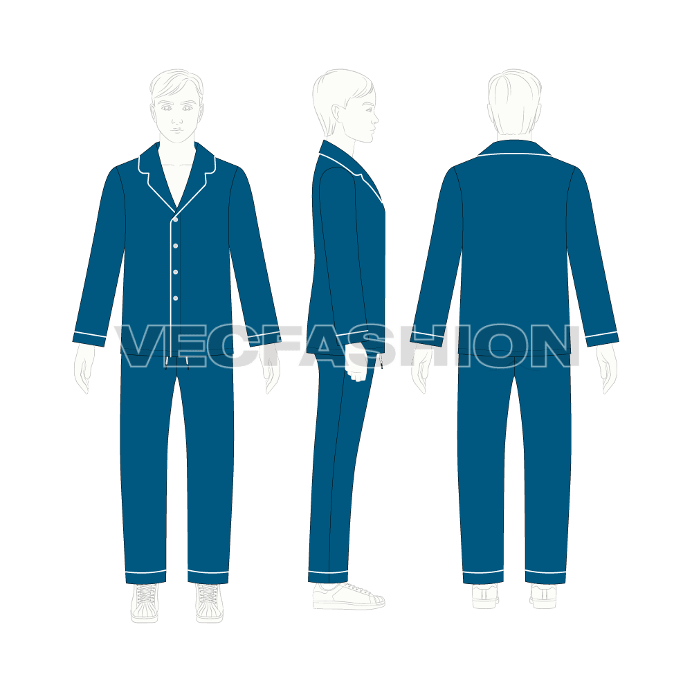 Teen boy nightsuit pajama set flat sketch, croqui sketch