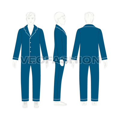 Teen boy nightsuit pajama set flat sketch, front view