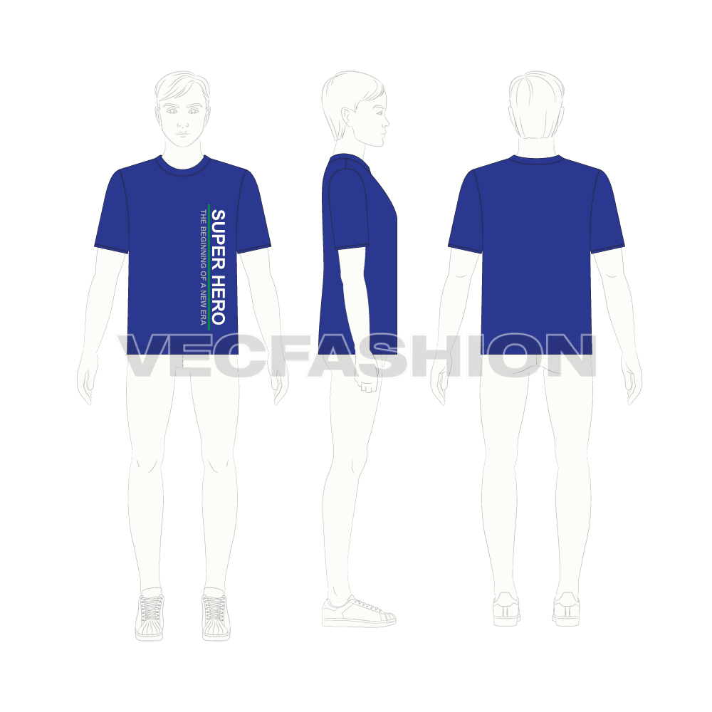 Teen boy round neck t-shirt flat sketch, croqui sketch