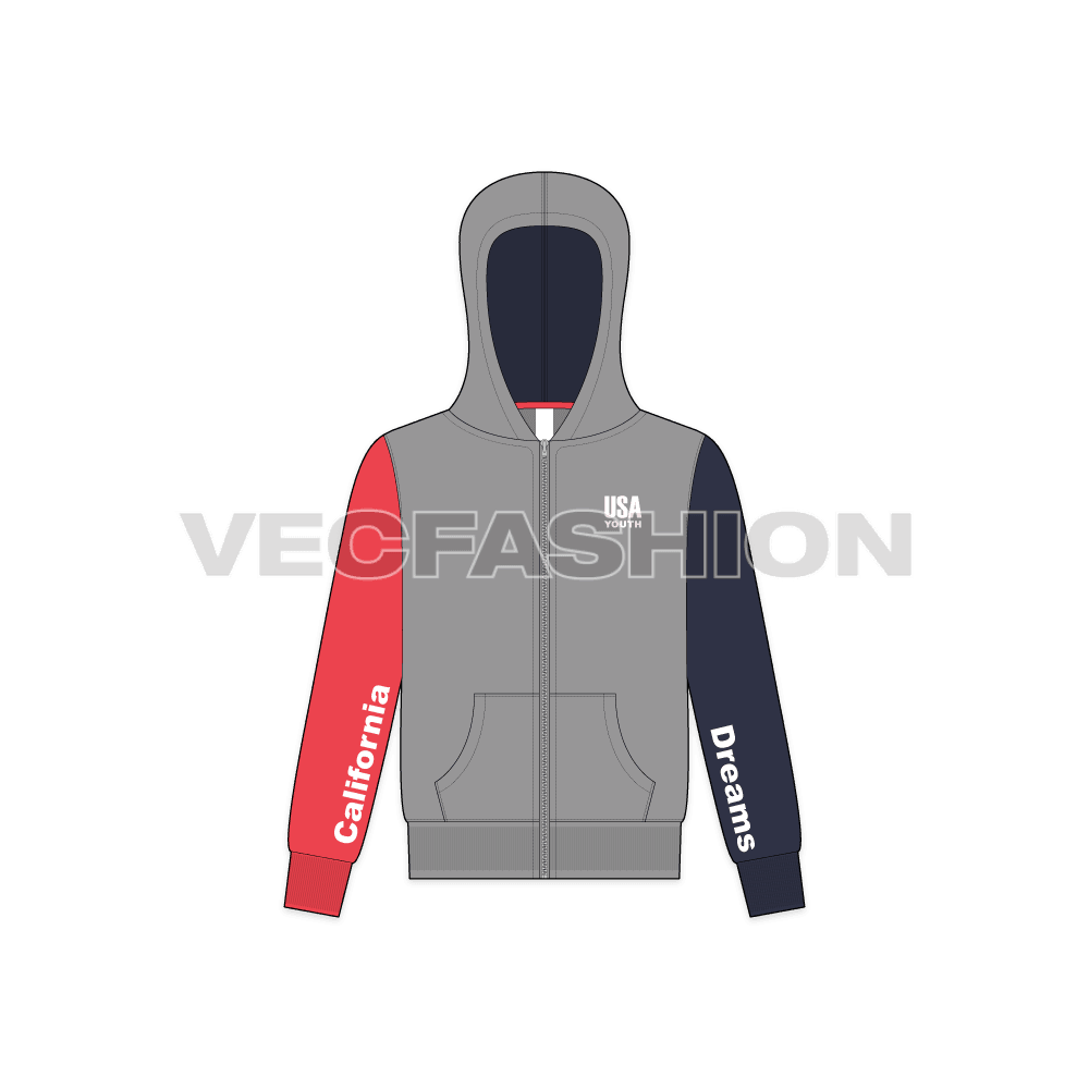 Teen boys color blocked hoodie flat sketch, front view