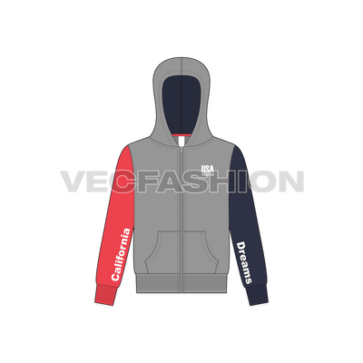 Teen boys color blocked hoodie flat sketch, front view