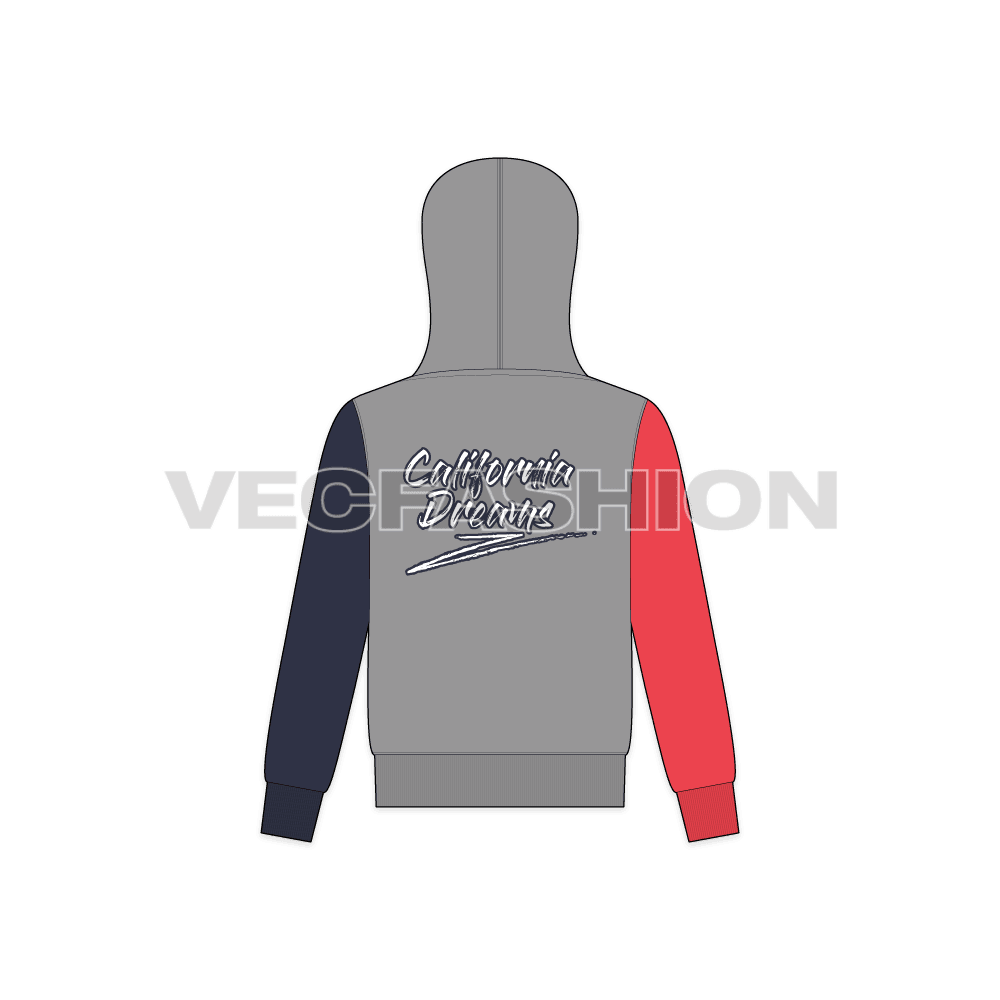 Teen boys color blocked hoodie flat sketch, back view