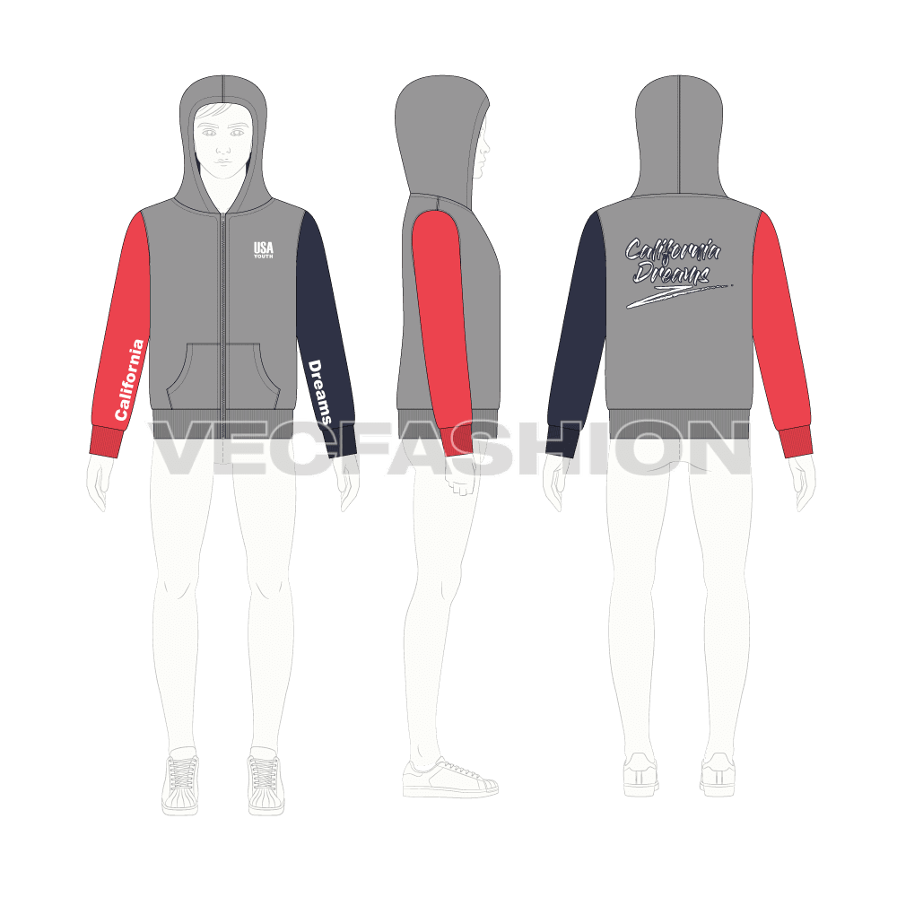 Teen boys color blocked hoodie flat sketch, croqui sketch