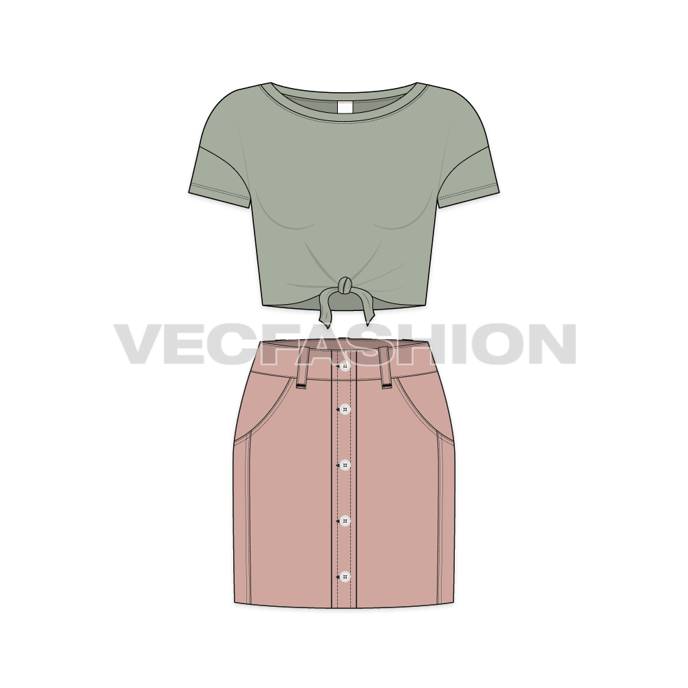 Teen girl boat neck tee and skirt set flat sketch, front view
